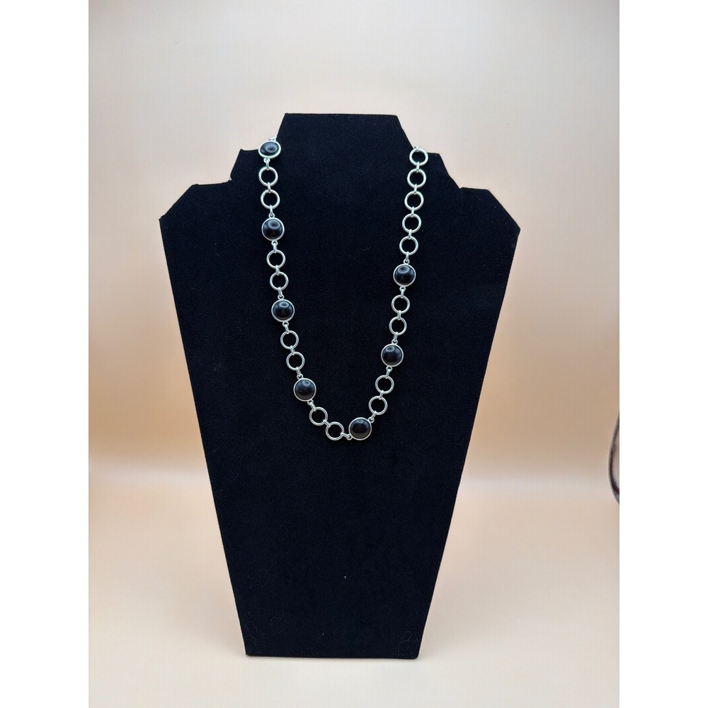 Silver Tone Black Cabochon Circle Link Toggle Clasp Necklace 18 Inch